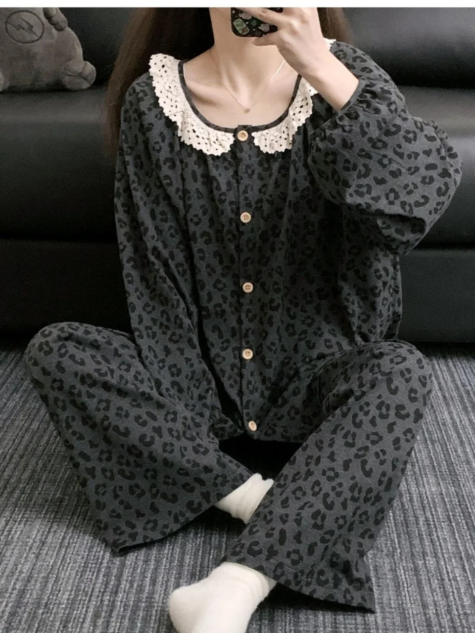 

Весенне-осенний женский свободный пижамный комплект большого размера с длинными рукавами, осенне-зимний пикантный повседневный удобный домашний костюм для девочек