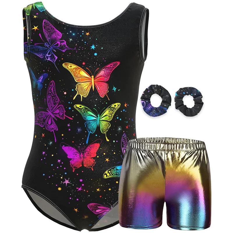 الفتيات 4 قطعة قميص قصير بلا أكمام الباليه الرقص ثياب لفتاة الجمباز الرقص تراجع وتتسابق مع مطابقة السراويل هيرباند #1