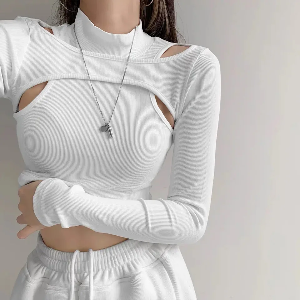 

Cross border new careful machine hollowed out off shoulder base shirt, women's short style with exposed navel T-shirt, slim fit