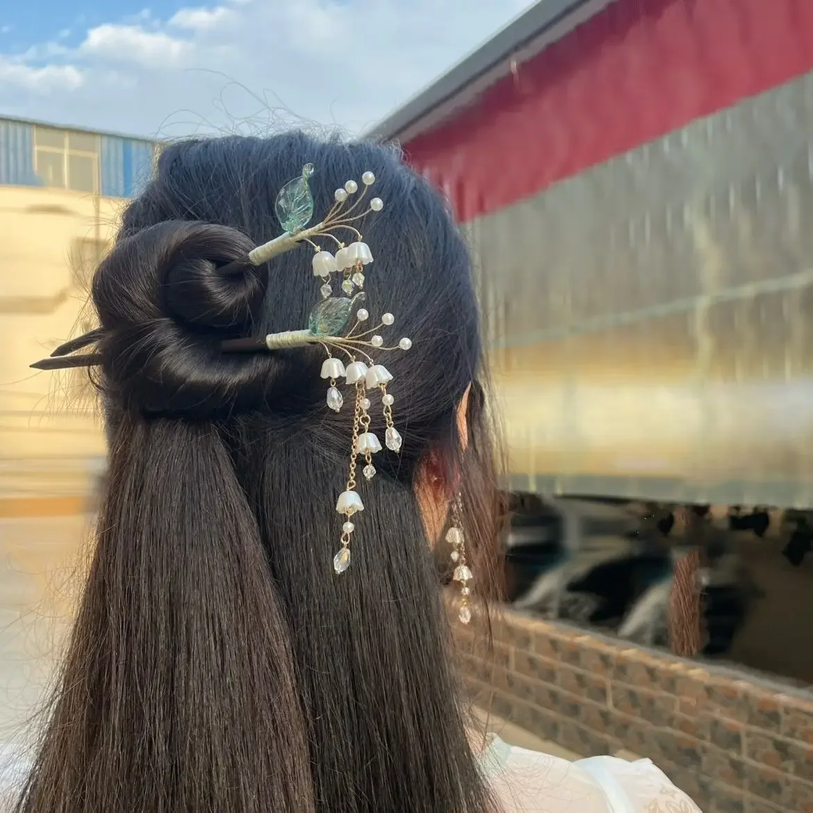 Horquilla de madera de lirio del valle, horquilla con borlas, tocado Cheongsam Hanfu, accesorios antiguos para el cabello, horquilla de disco