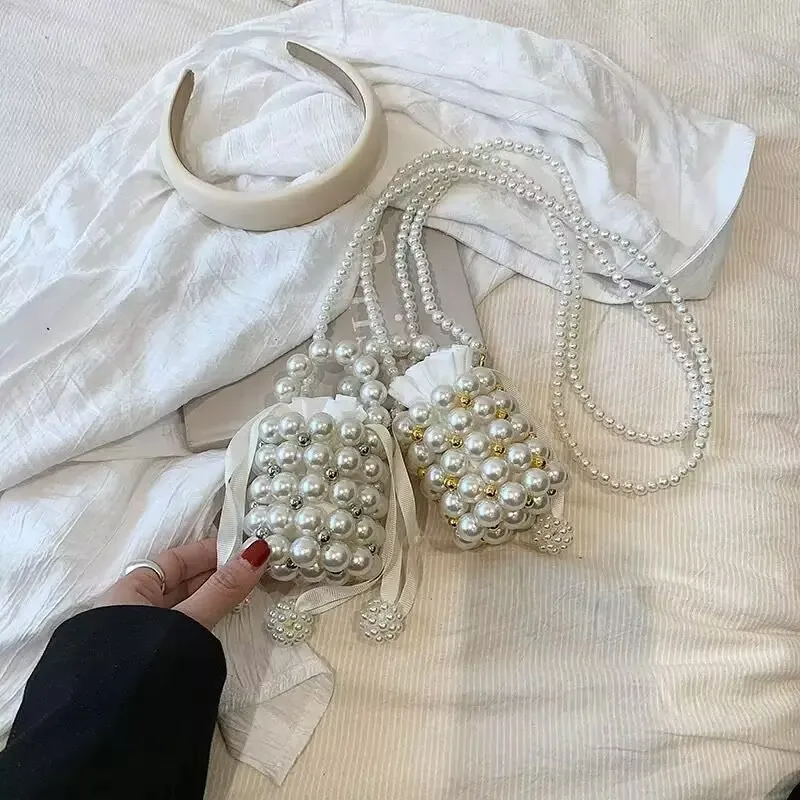 Pearl Bucket Handbag Versatile Pearl Cylinder Purse Handmade Faux Pearl Bag Detachable Crossbody Shoulder Bag For Date Commuting