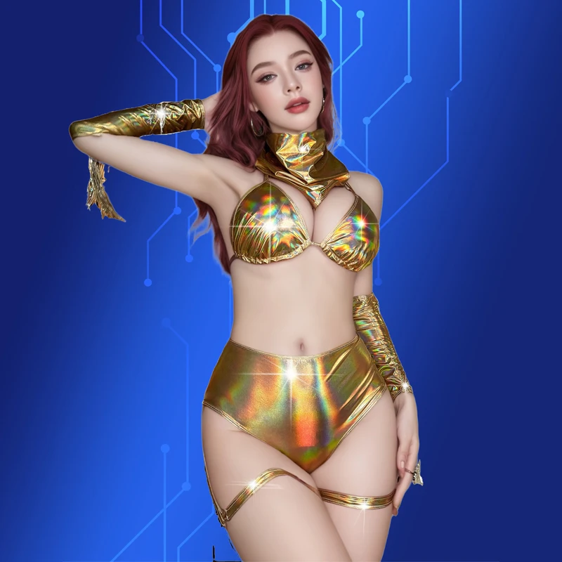 Bar Nightclub Dj Ds Sexy Gogo Dance Costume Women Pole Dance Clothing Gold Silver Laser Bikini Stage Show Rave Outfit DW10246