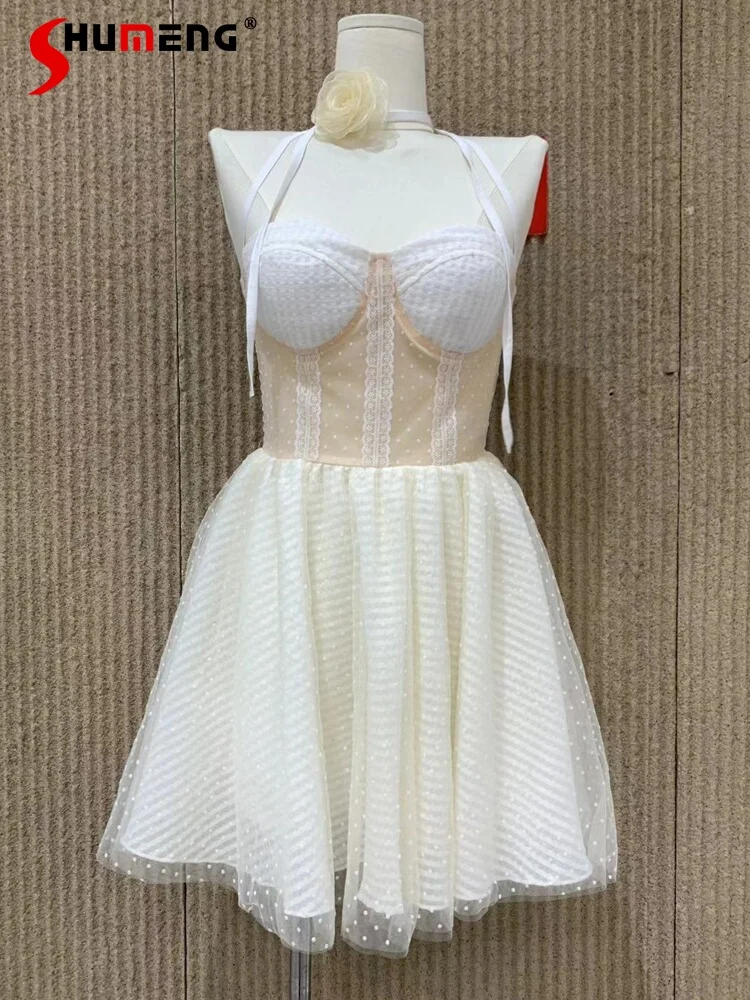 

Fashionable New Chic Tube Top Dress 2024 Summer Mesh Waist-Tight Sleeveless Sweet Dresses Slimming Elegant A- Line Skirt