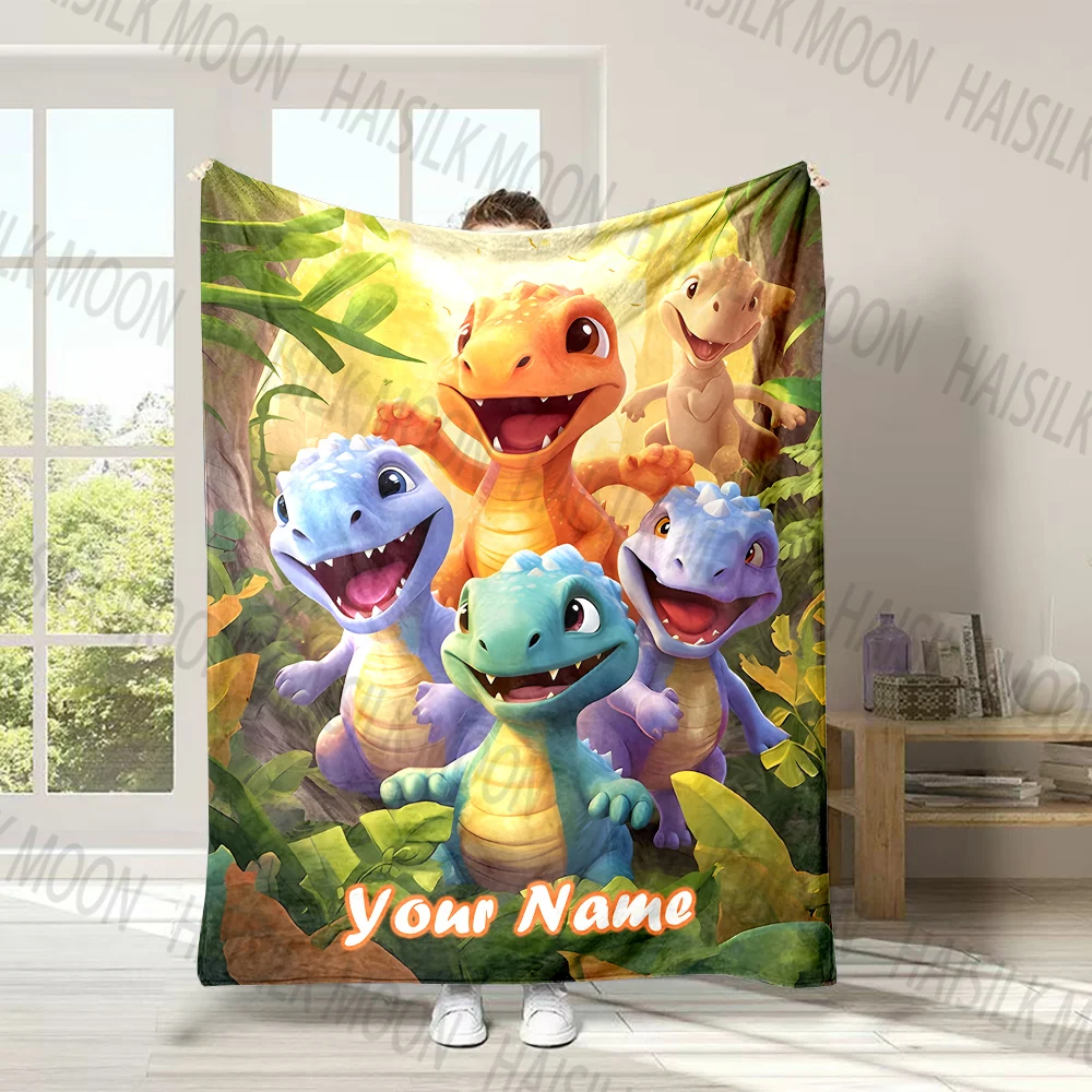 (Memo U Name) Personalized Customized Name Blanket Cartoon Dinosaur Print Blanket for Sofa Bed Office Outdoor Travel Camping Car