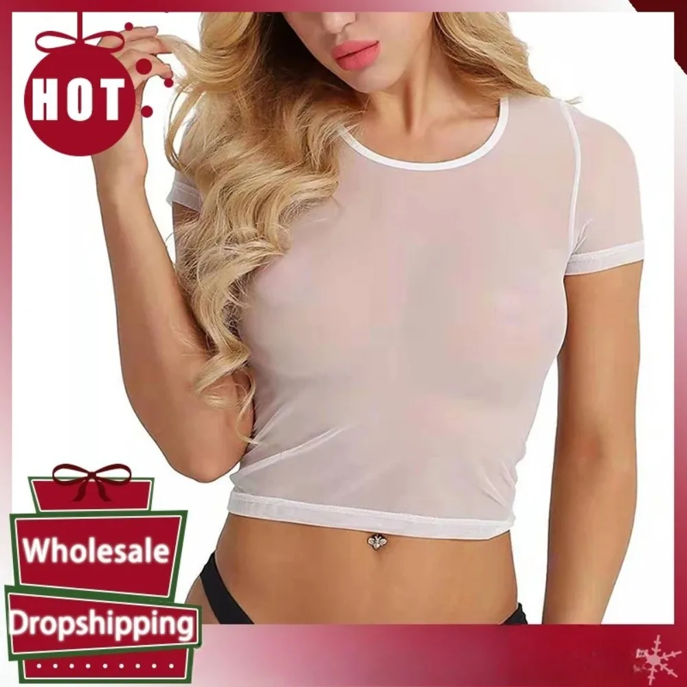 

Women Sexy See Through Crop Tops Mesh Sheer Short Tank Crop Transparent Streetwear Causal Y2K Black White T-Shirt Blouse