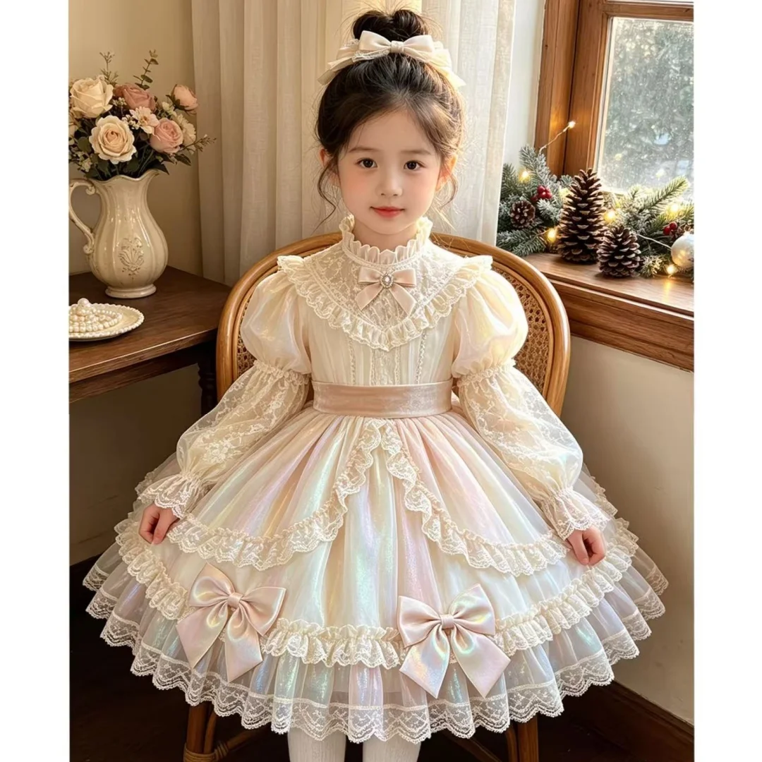 Girls Lolita Princess Dress Spring and Autumn New Kids Pink Flower Fairy Tutu Gown Birthday Party Dress Girls Clothing
