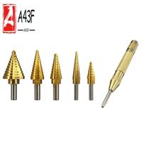 A43F-6Pcs 1/4 3/8 Inch HSS Straight Groove Step Drill Bit Titanium Coated Wood Metal Hole Cutter Core Drilling Tools Set