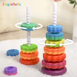 Baby Montessori Stacking Rainbow Tower Colorful Rotating Gears Rings Big Size Blocks Puzzle Education Toy for Toddle 6-18 Months