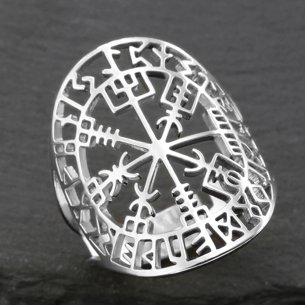 

Dawapara Vegvisir Adjustable Ring Norse Runic Compass Protection and Guidance Amulet Stainless Steel Jewelry