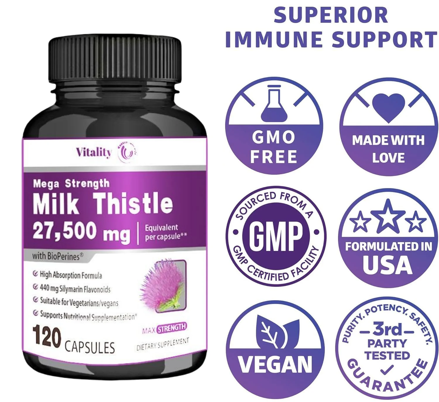 Vitality Natural Milk Thistle Capsules Cleanse, Antioxidant Support Protect and Rejuvenate Liver Cells- Healthy Liver Supplement