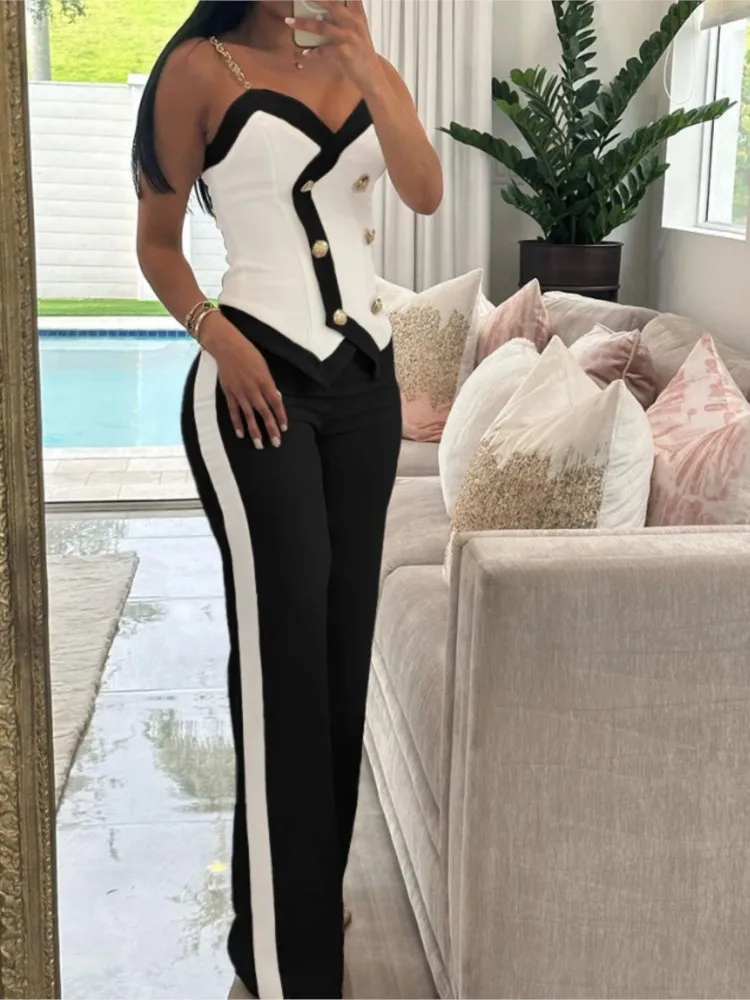 

Spring And Summer Sleeveless Suit Fashion Print Suit Sexy V-neck Button Metal Suspender Top And Wide-leg Pants Two-piece Sets