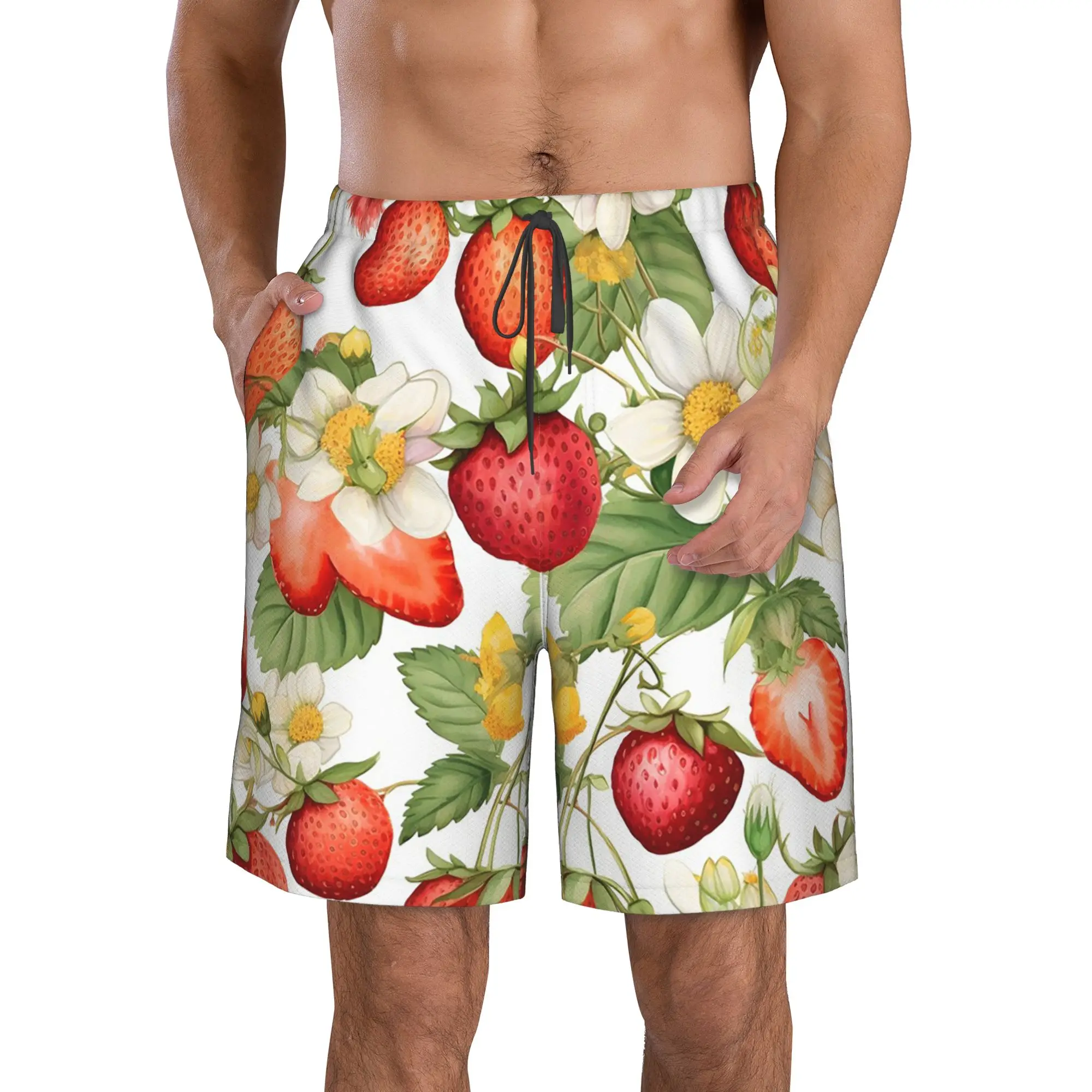 Vibrant Red Strawberry and White Floral Trunks Beach Board Shorts Casual Quick Dry Swimming Summer Men Pants