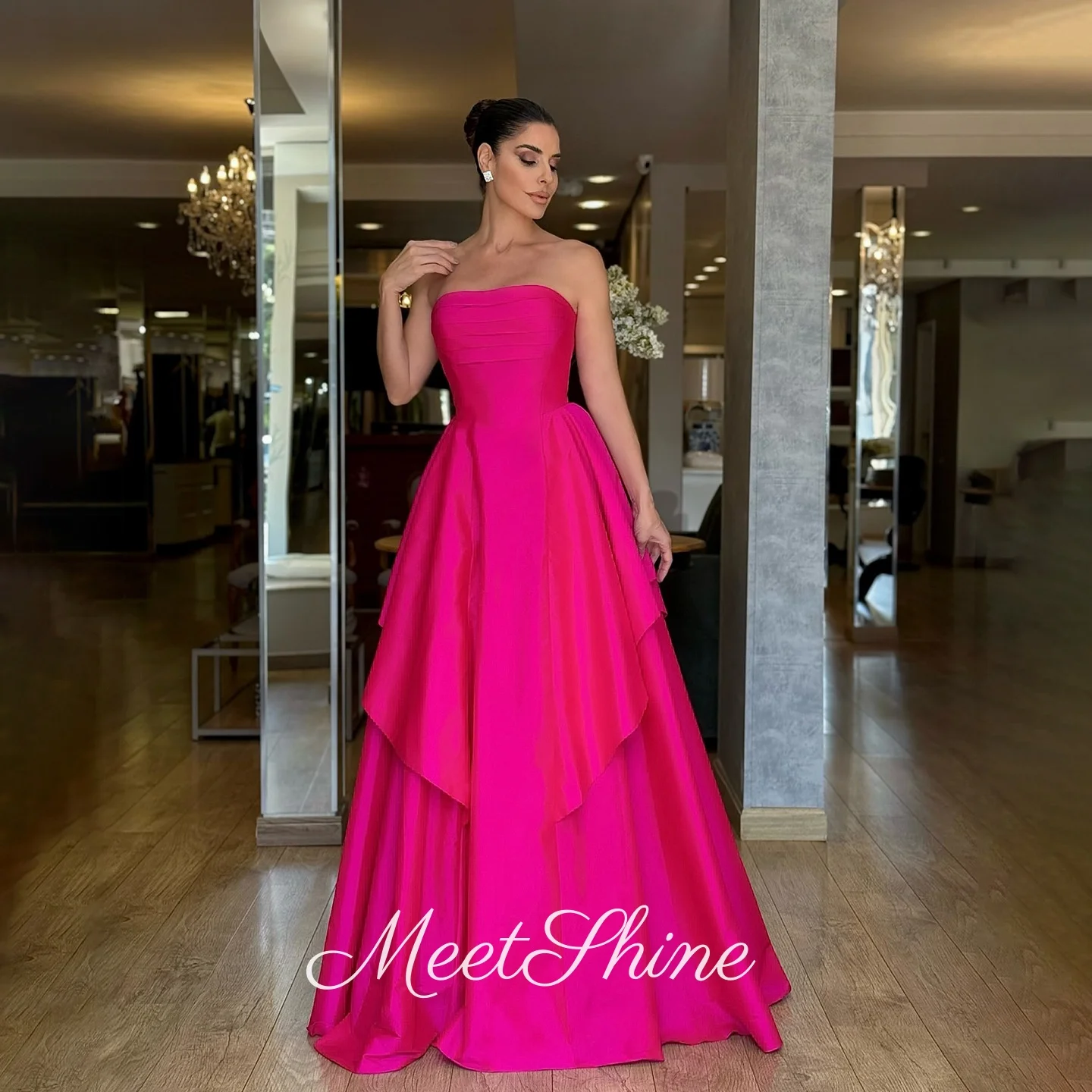 

Современные ярко-розовые вечерние платья трапециевидной формы без бретелек, элегантное многоуровневое платье для выпускного вечера без рукавов с рюшами, вечернее платье в Саудовской Аравии по индивидуальному заказу