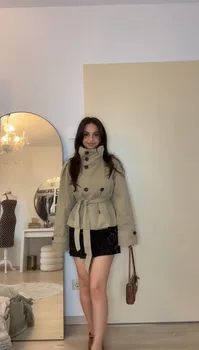 Belted Waist Cropped Trench Jackets Women Double Breasted Stand Collar Coats 2025 Autumn Chic Casual Vintage Jacket Women Cloth 3