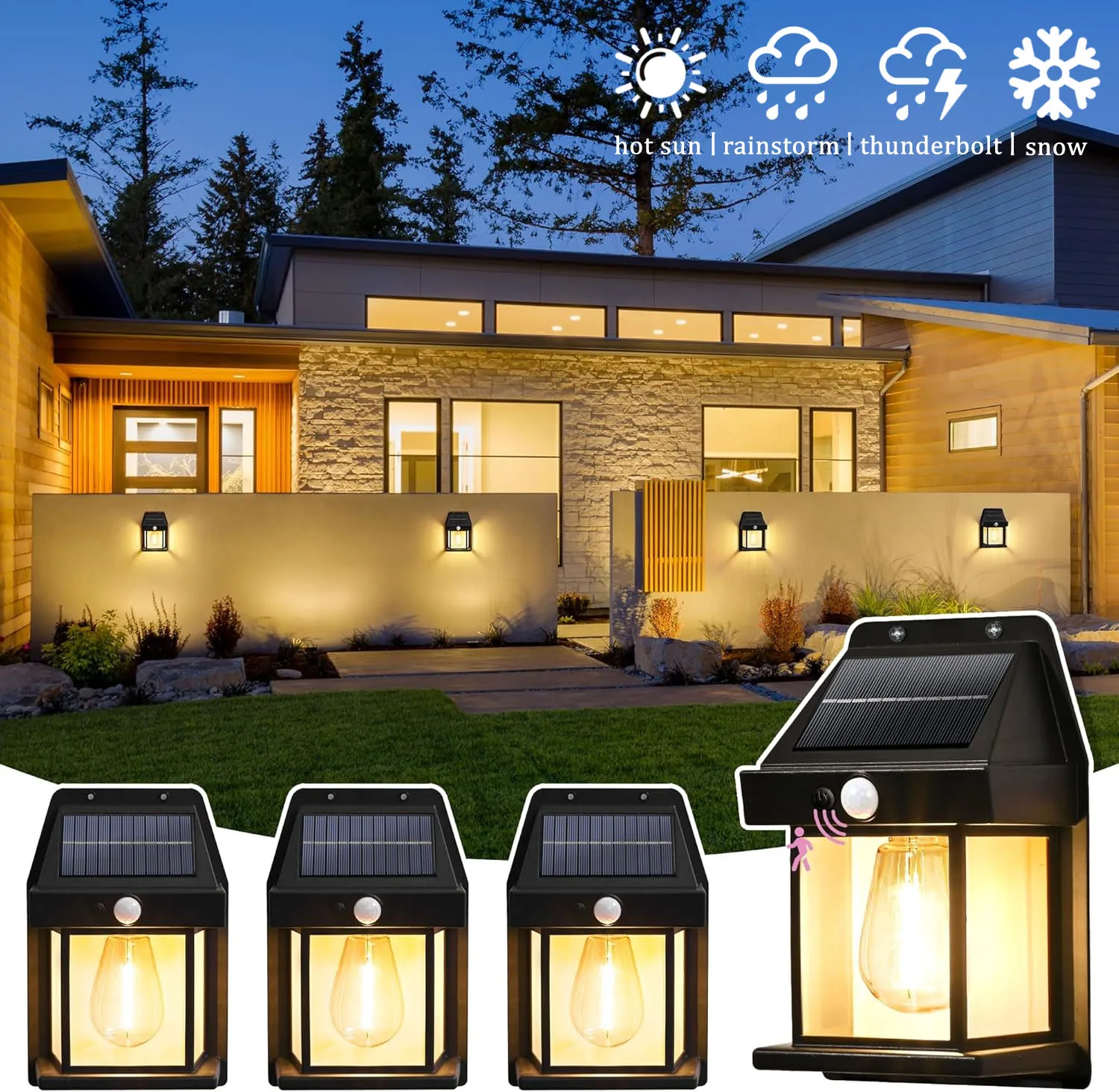 

Waterproof Solar Wall Light Tungsten Wireless Motion Sensor Dusk to Dawn Exterior Lighting for Patio Porch Garage Security Lamp