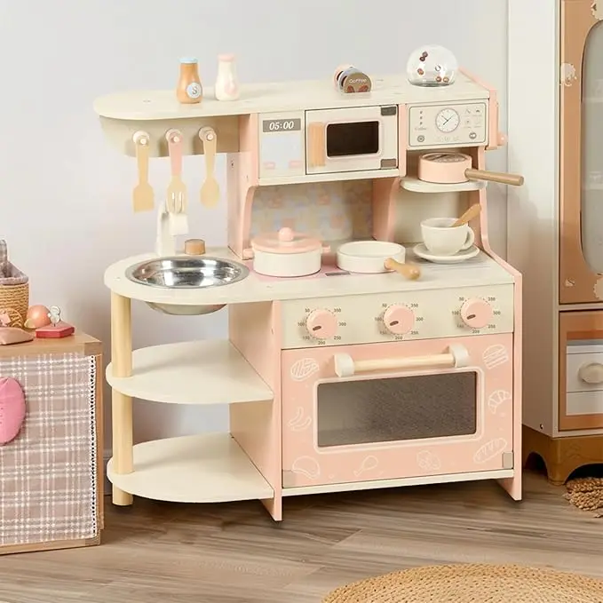 Peuter Speelkeuken, Houten Speelgoed Kids Keuken Speelset Met Koffiezetapparaat Spelen Voedsel Keuken Accessoires Kookset, Cadeau