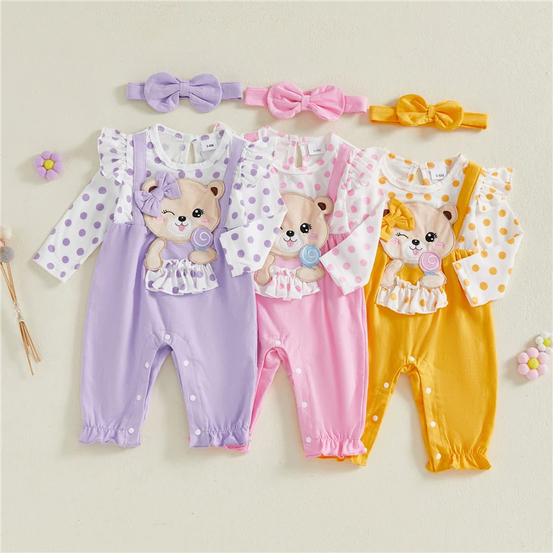 

Infant Baby Girl Bear Patch Romper Ruffle Trim Fake Two-Piece Long Sleeve Jumpsuit Bow Headband Newborn Clothes Outfit