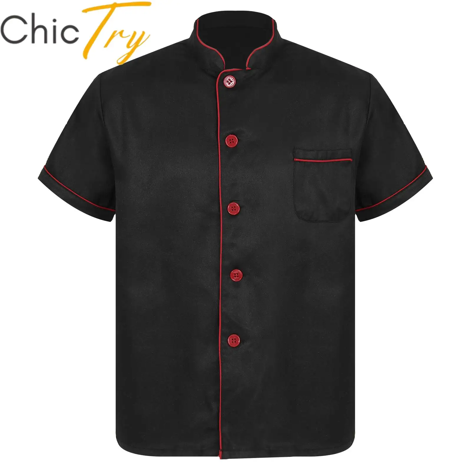 Mens Chef Shirt Uniform Coat Jacket Short Sleeve Restaurant Kitchen Bakery Stand Collar Button Down Cooking Tops with Pocket