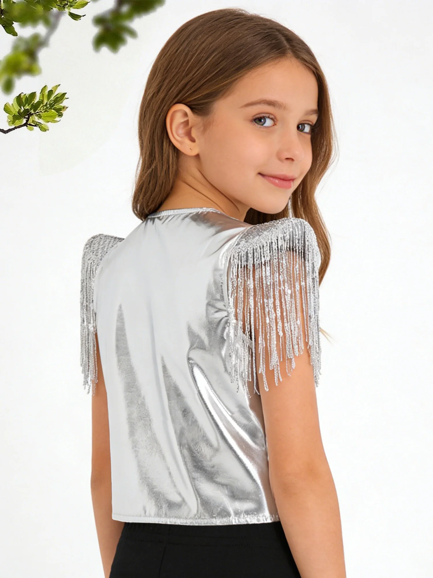 Kids Boys Girls 70s 80s Disco Jazz Dance Party Vests Children Sequin Metallic Vest Tassels Waistcoat Stage Performance Dancewear