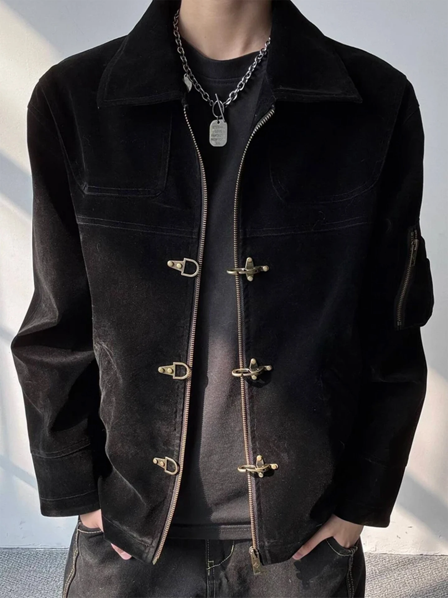 

Bla Suede Jaet Men's ort Collar Aircrt Bule Baseball Sle Vintage Workwear Jaet Casual Loose Fit Zipper Closure