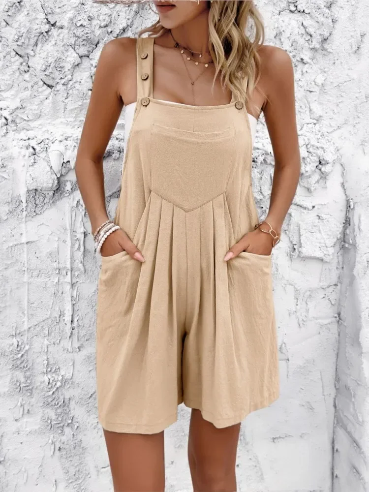 

Women's Clothing Spring Summer New Fashion Button Casual Temperament Solid Color Sexy No Cuff Pocket Shoulder Strap Shorts