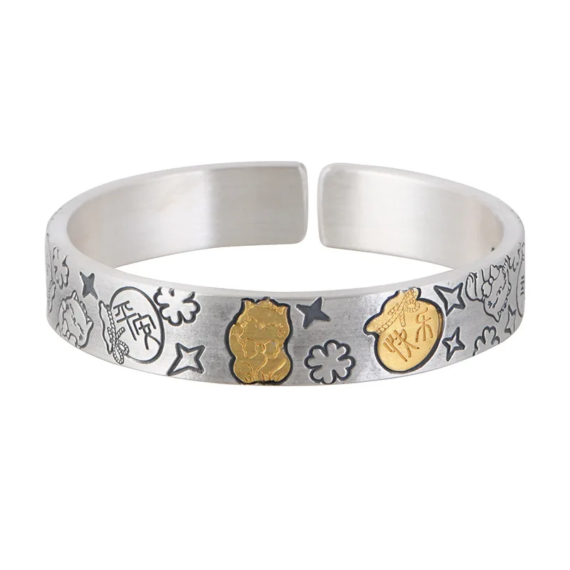 Pulsera de plata de ley S999 para mujer, brazalete Retro de dibujos animados, gato, estrella, bolso de la suerte, palabras auspiciosas, venta al por mayor