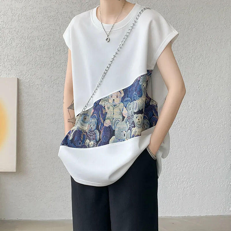 Men Patchwork Design Loose Fit Round Neck Sleeveless T shirt Streetwear Summer Vest Breathable Comfort Mens Clothing Athleisure