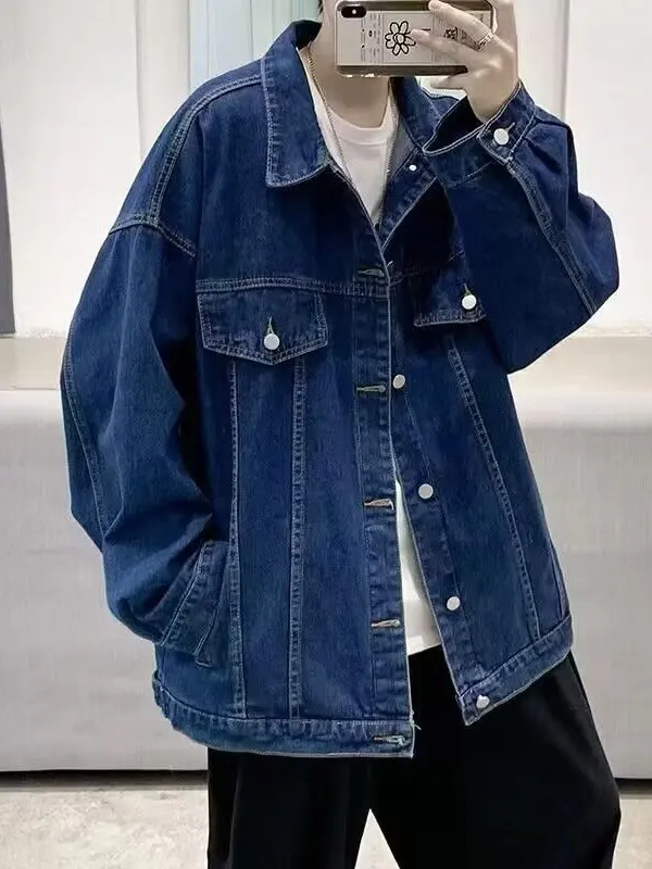 Oversize Casual Washed Denim Jacket for Men Loose Fit Vintage Collar Jacket Trendy Brand Polyester Fiber Long Sleeve Coat