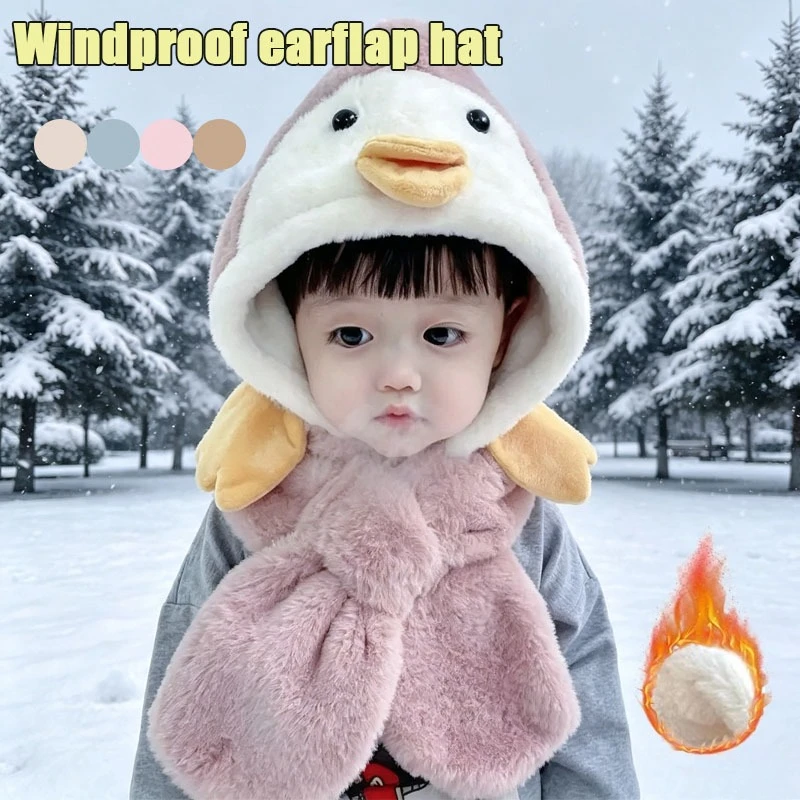 1-4PCS Cute Duckling Knit Hat and Scarf Set Thick Warm Windproof Ear Cover for Baby Boys Girls Winter Gift Earflap Hat