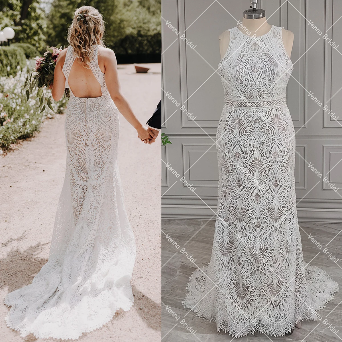 

Cut Out Lace Halter Racerback Bridal Gown Vintage Custom Made Backless Mermaid Long Train Boho Rustic Photoshoot Wedding Dress