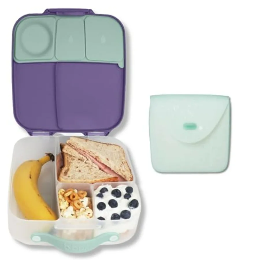 

Ланчбокс (Сиреневый поп) + комбинированный пакет с силиконовым карманом для сэндвичей (лесной)