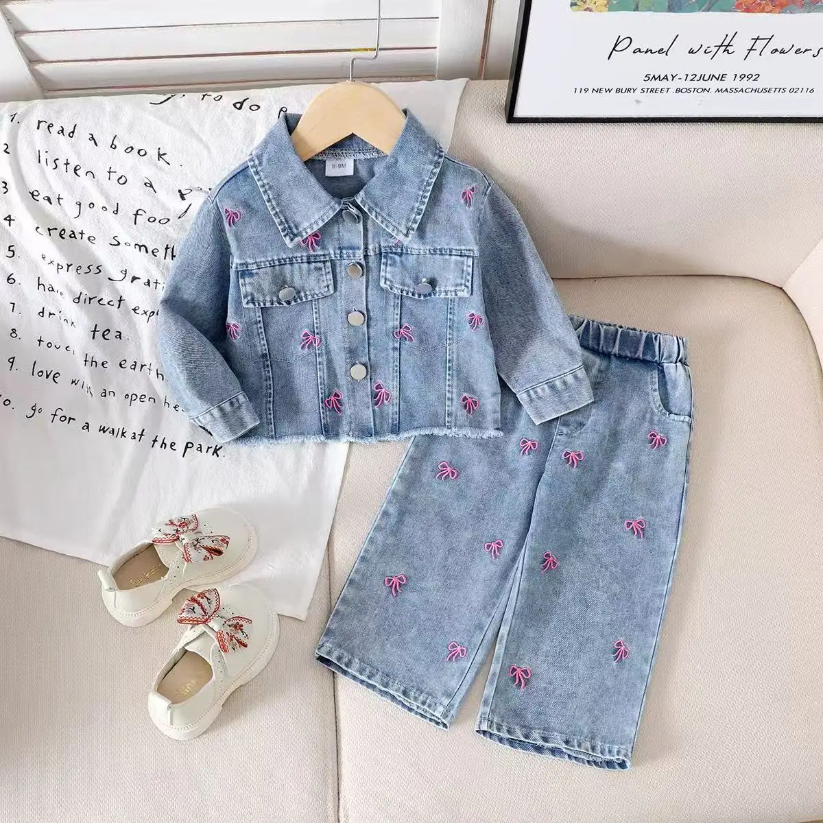 

2026 New Spring Autumn INS Fashion Girls Denim Set Embroidery Bow Long Sleeve Jacket & Pants for 6M-3Y