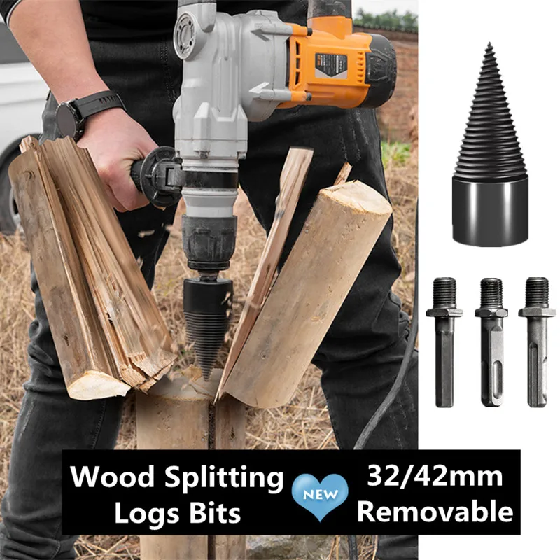 32mm Firewood Chop Splitter Wood Drill Bit Splitting Tool Heavy Duty Electric Drill Screw Removable Cone Driver Hex/Square/Round