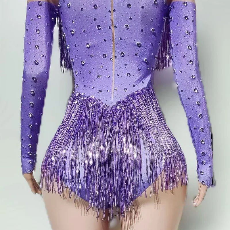 Kostium Drag Queen Fioletowy Kombinezon z Frędzlami i Cyrkoniami Damski Strój do Tańca na Rurze Bar DS DJ Rave Outfit Sceniczny Strój Gogo XS9668