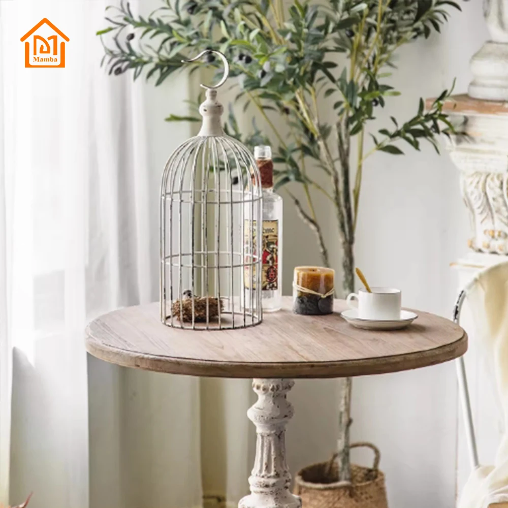 Mesa de centro antigua blanca, decoración de mesa de centro redonda tallada antigua, punto de fábrica