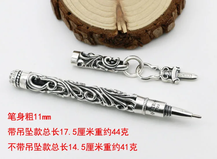 S925 sterling silver handicraft signing pen high block office pen all silver cut out carved ballpoint pen teacher gift