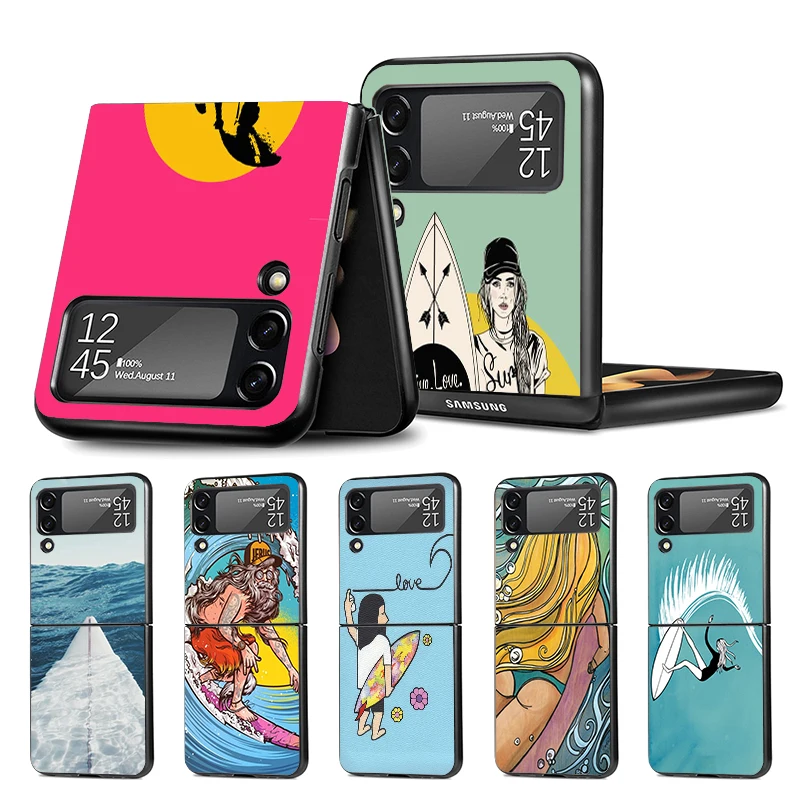 Surfboard Surfing Surf Girl Summer Z Flip 4 Phnoe Case For Samsung Z Flip 3 5 5G Black Hard Shell Galaxy ZFlip3 ZFlip4 ZFlip5 Un