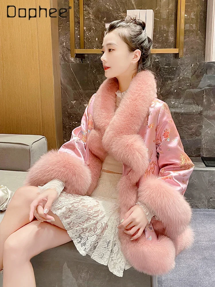 

Winter New Celebrity Style Cape Shawl Coat Chinese Style Red Retro Embroidered Faux Fur Coat Women Coat and Jackets