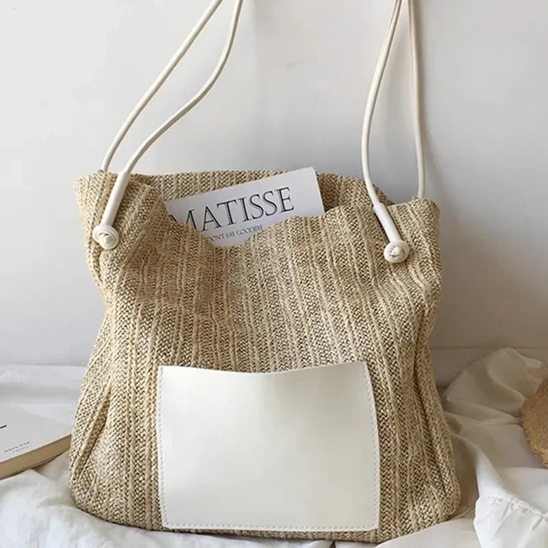 Instagram Vintage Woven Tote Bag Holiday Style Grass Woven Bag Shoulder Bag Large Capacity Shopping Bag Beach Bun Mother Bag