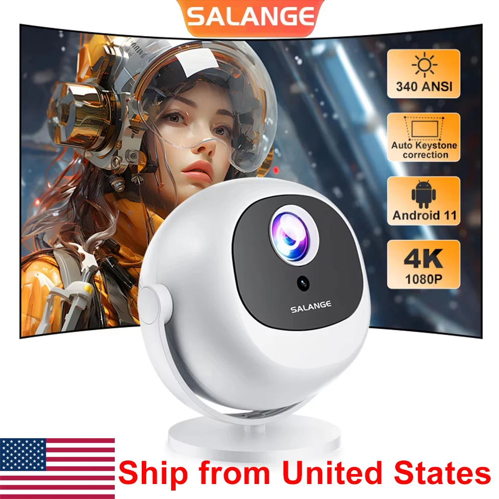 

Salange Mini 4K Projector Native 1080P 340ANSI Electric Focus Android 11 360° flexible BT5.2 Sphere Projecteor for Outdoor Home