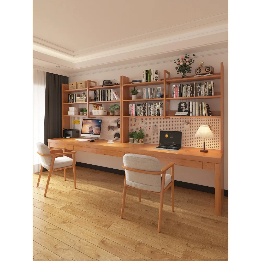 Solid Wood Desk Bookshelf Integrated with Pegboard Long Computer Desk & Bookcase for Adults Home Office Workstation Against Wall