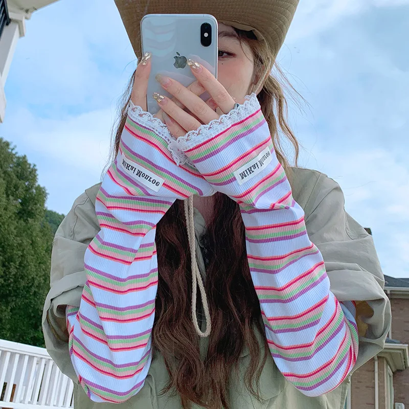 

Korean Lace Sunscreen Sleeves Cooling Ice Silk Uv Protection Loose Sleeves Hand Cover Sunshade Driving Cycling Sleeve Arm Cuff