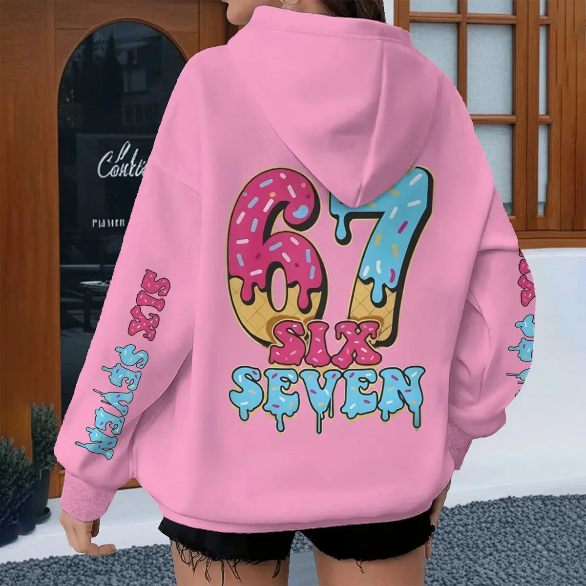 

Ice Cream Style Six Seven Hoodies Women Pink Number 67 Print Cartoon Streetwear Fun Six Seven Italian Brainrot Unisex Hoody