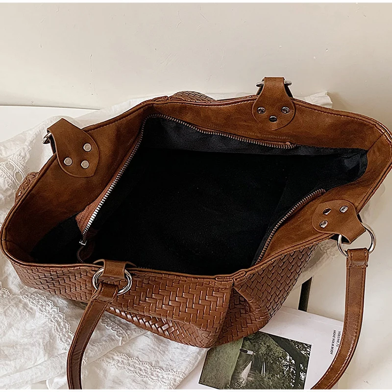 Koreanische Schultertasche mit seitlichem Reißverschluss, Vintage Casual Handtasche für Damen, minimalistische, schicke, einfarbige Rattan-Webtasche, Einkaufstasche – Detail 2