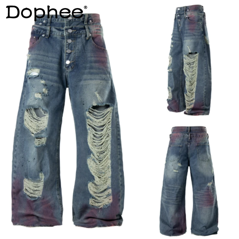 

Fashion Loose Jeans Men's 2026 Four Seasons Wear Hole Design Stylish Denim Trousers Trendy Button Decorative Pocket Denim Pants