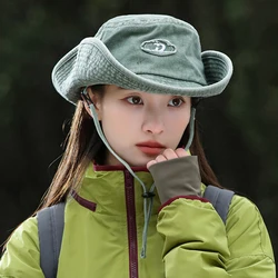 Retro Women Bucket Hat Letter Embroidery Cotton Wash Western Cowgirl Hat Breathable Foldable Outdoor Hiking Large Brim Sun Hat