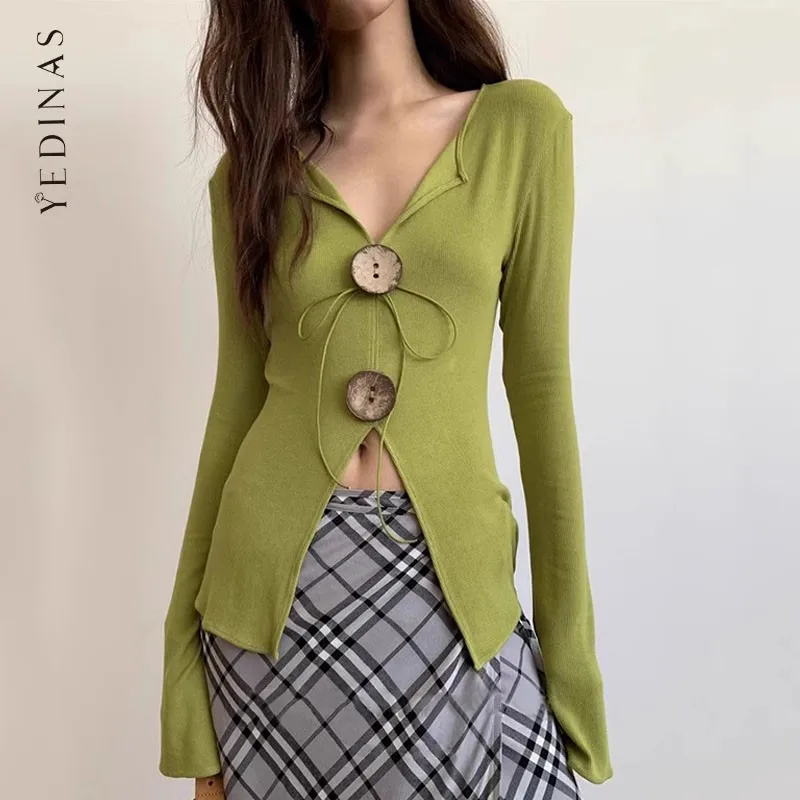 

Yedinas Elegant Women's T-shirt Long Sleeve Korean Fashion Streetwear Button Slim Spring V-neck Autumn Tops Chic Tees Female Y2k