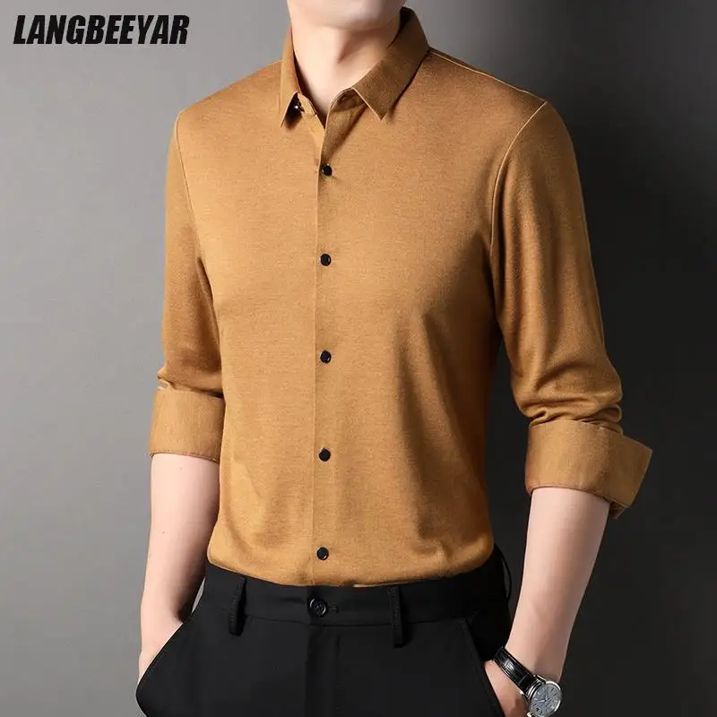 Top Grade Wool 4.7% Traceless New Brand Man 2023 Fashion Designert Shirts Slim Fit Business Long Sleeve Casual Men Clothing