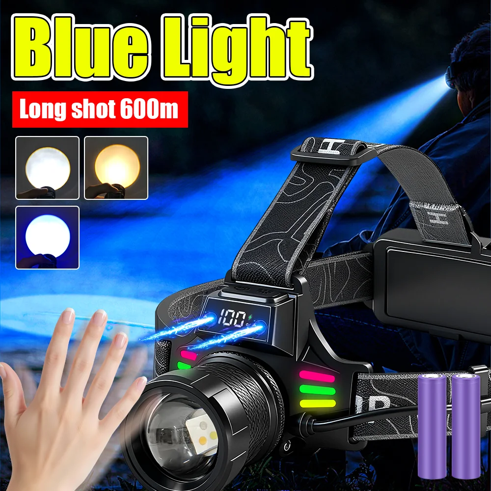 

Blue Light High Power Headlamp LED Rechargeable 18650 Battery White Laser Headlight Cap Light Head LED Front Flashlight Fishing