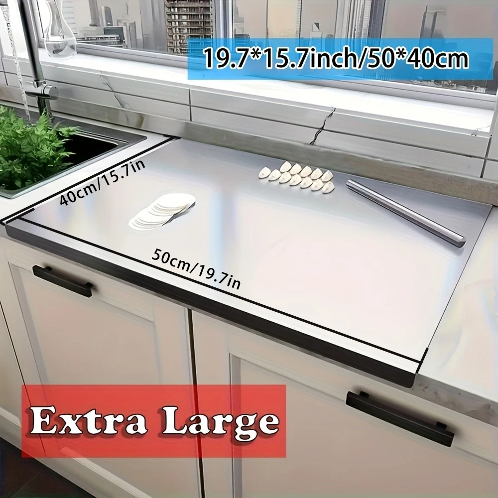Edelstahl-Schneidebrett Lebensmittelecht 304 Extra Großes Hackbrett mit Rutschfester L-förmiger Kante Metall-Backbrett Teigroller-Matte Doppelseitig für Fleisch Gemüse Teig Kneten Backen Küchenwerkzeug – Detail 1